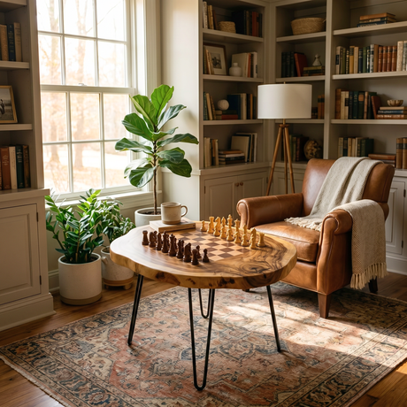 Live Edge Solid Wood Chess Coffee Table with Organic Slab Top and Hairpin Legs