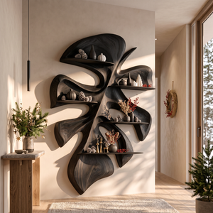 Tropical Leaf Solid Wood Wall Shelf with Sculptural Floating Display Shelves