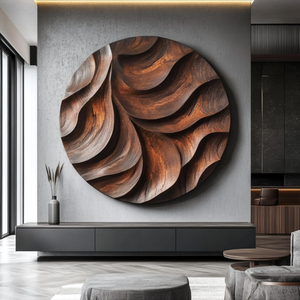 Solid Wood Oval Wall Art with Deep Carved Wave Relief and Organic Flow Design