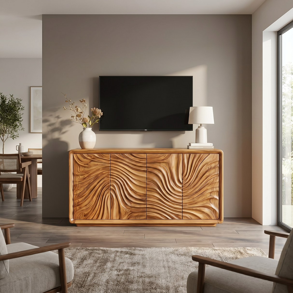 Solid Wood Sideboard Cabinet with Radiating Wave Carved Doors