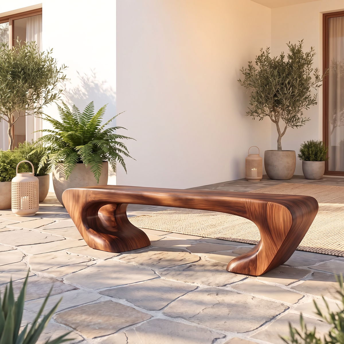 Bench Solid Wood with Sculptural Asymmetrical Base and Flowing Organic Seat