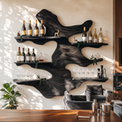 Sculptural Solid Wood Wall Wine Rack with Five Offset Display Shelves