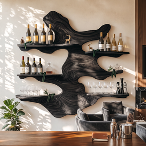 Sculptural Solid Wood Wall Wine Rack with Five Offset Display Shelves