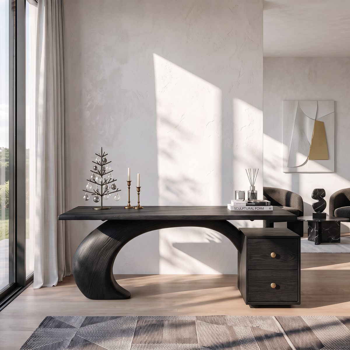 Sculptural Solid Wood Desk with Curved Support and Two Drawer Storage