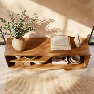 Gallery Style Solid Wood Media Console with Floating Wave Base, Minimalist TV Cabinet for Organic Modern Interiors