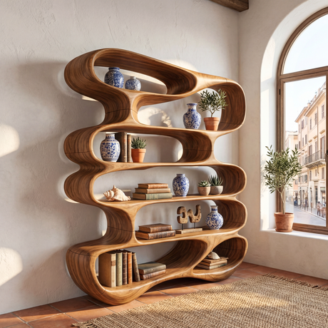 Flowing Open Form Wood Display Shelf with Sculptural Tiered Shelving