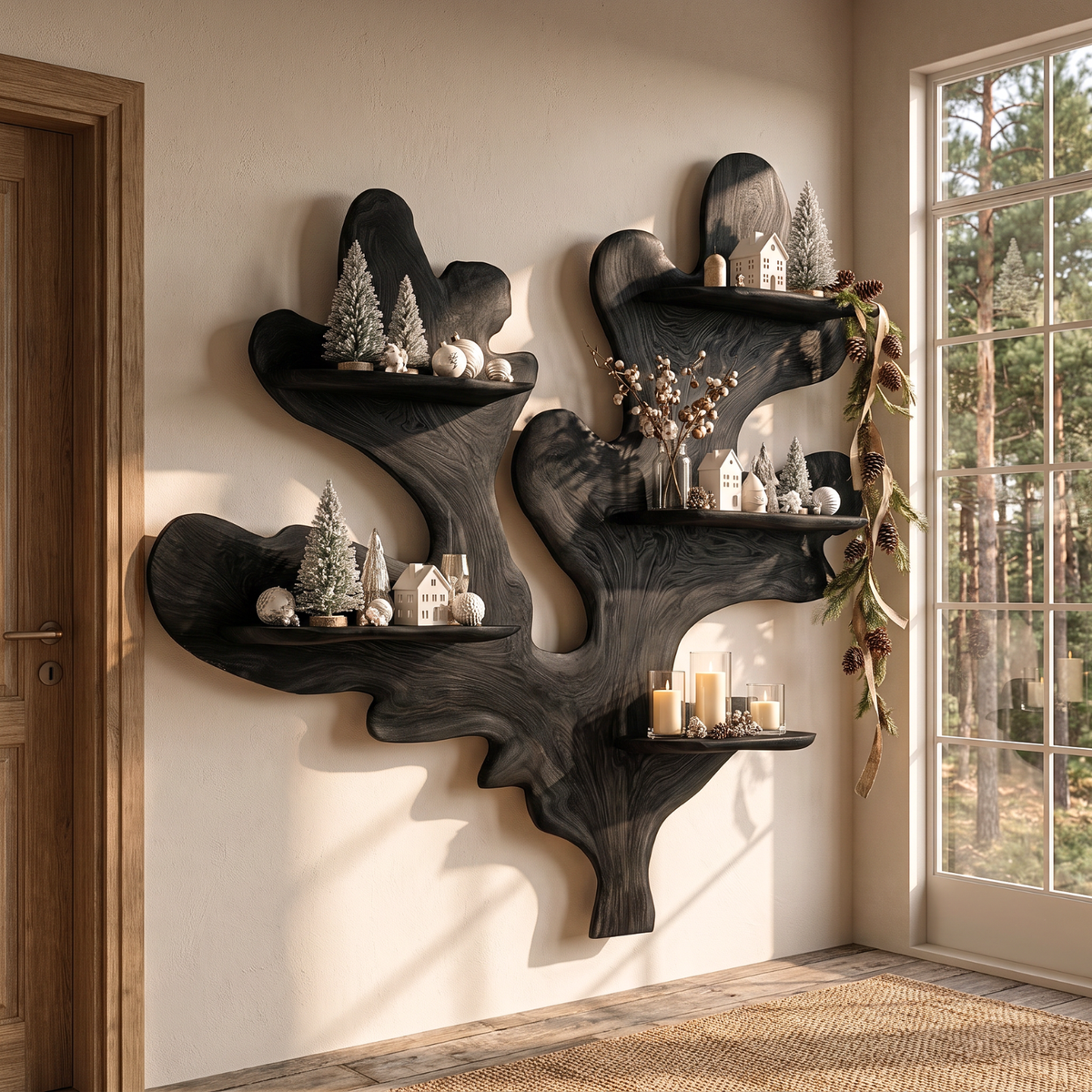 Sculptural Solid Wood Wall Shelf with Organic Branch and Leaf Design