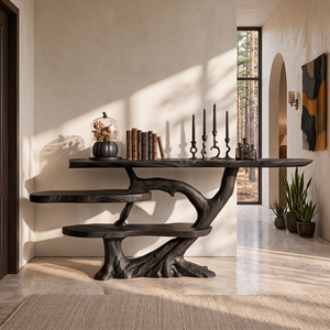 Handcrafted Solid Wood Console Table with Tiered Shelves and Sculptural Tree Base