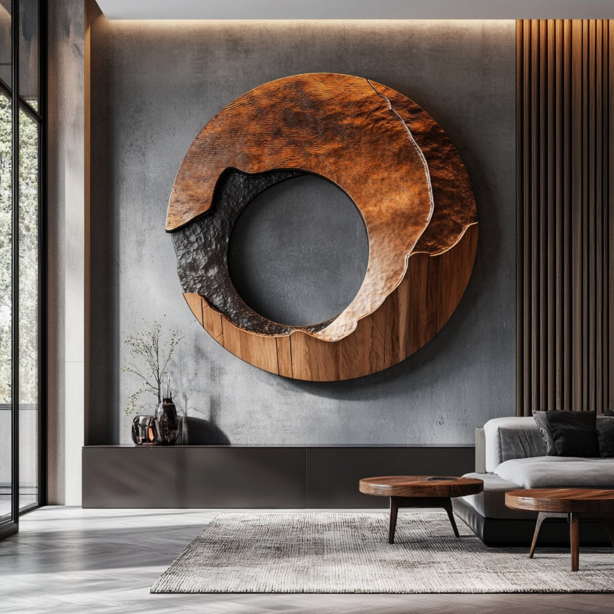 Large Solid Wood Wall Sculpture with Organic Open Center and Charred Texture Accent