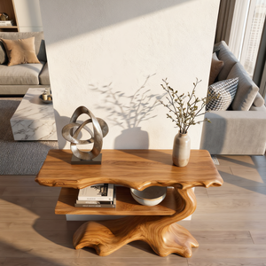 Sculptural Solid Wood Console Table with Open Shelf, Organic Entryway Table