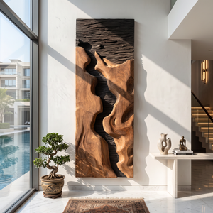 Abstract Solid Wood Wall Art with Freeform Canyon Relief and Dark Textured Background