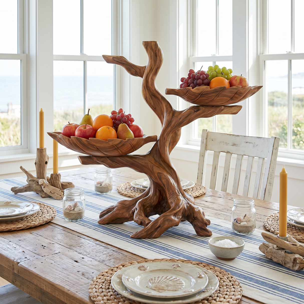 Solid Wood Sculptural Fruit Bowl with Twin Floating Trays and Branch Form Base