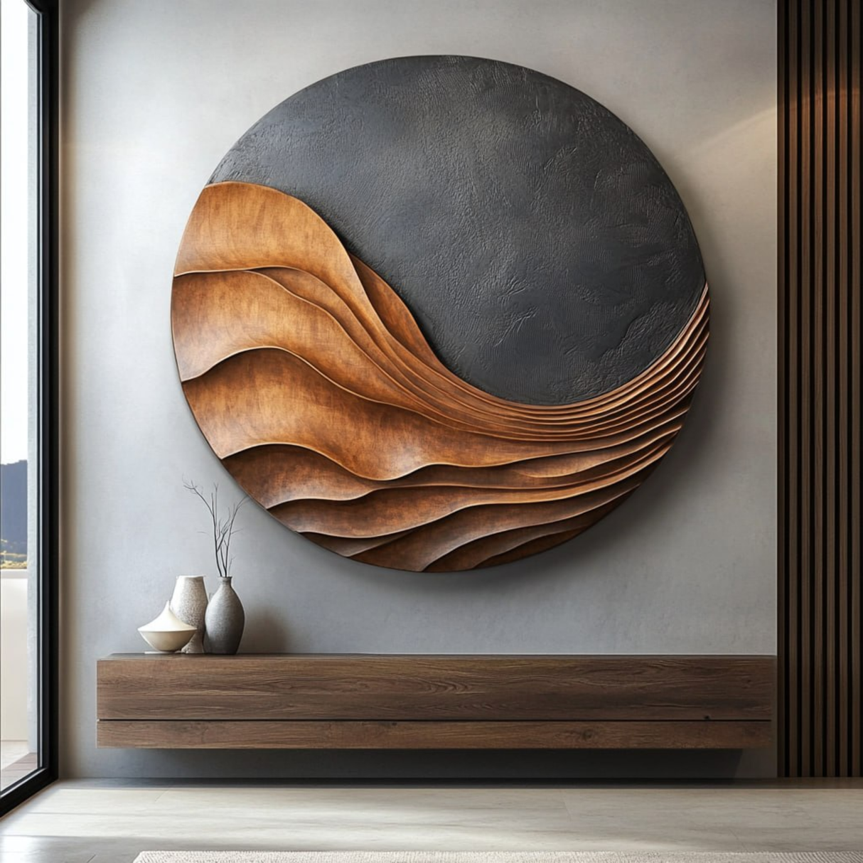 Handcrafted Round Wood Wall Sculpture with Flowing Layered Relief and Charcoal Textured Contrast