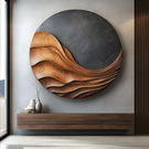 Handcrafted Round Wood Wall Sculpture with Flowing Layered Relief and Charcoal Textured Contrast