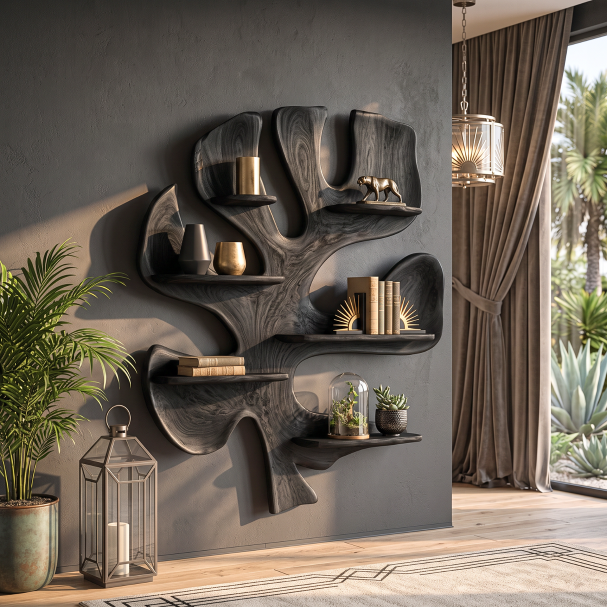 Solid Wood Tree Wall Shelf Sculpture, Organic Wall Mounted Display Shelf Decor