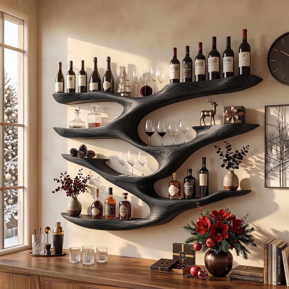 Interwoven Branch Solid Wood Wall Wine Rack for Wine Bottles and Glasses
