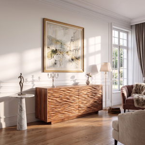 Sideboard Solid Wood with Sculptural Horizontal Wave Carved Doors