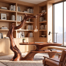 Sculptural Work Desk Tree Inspired Design with Hanging Lamp Organic Modern Workspace Table