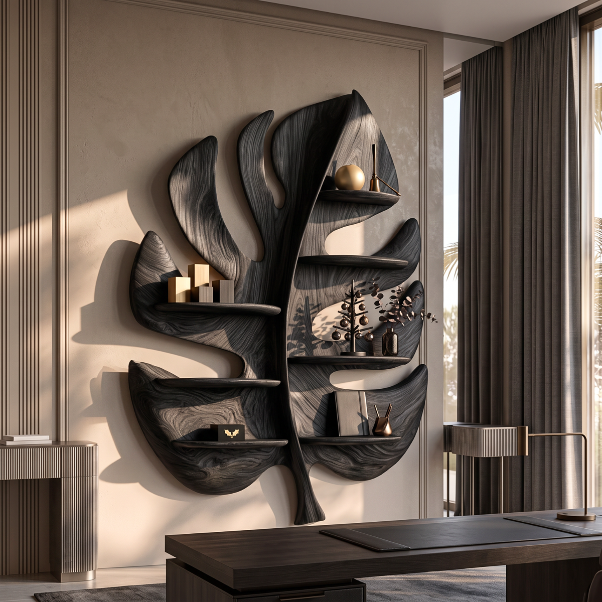 Tropical Leaf Solid Wood Wall Shelf with Organic Sculptural Display Shelves