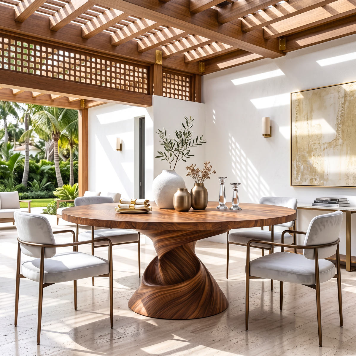 Dining Table with Helix Inspired Base and Solid Wood Surface