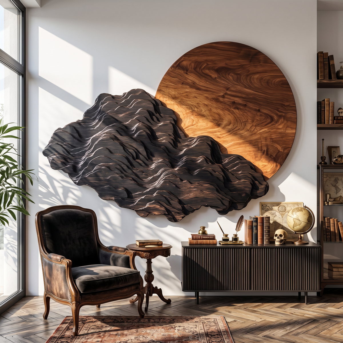 Sculptural Wall Art with Black Mountain Layers and Oversized Natural Wood Sun