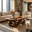 Hand-Carved Solid Wood Coffee Table with Flowing Hollow Base and Natural Slab Top