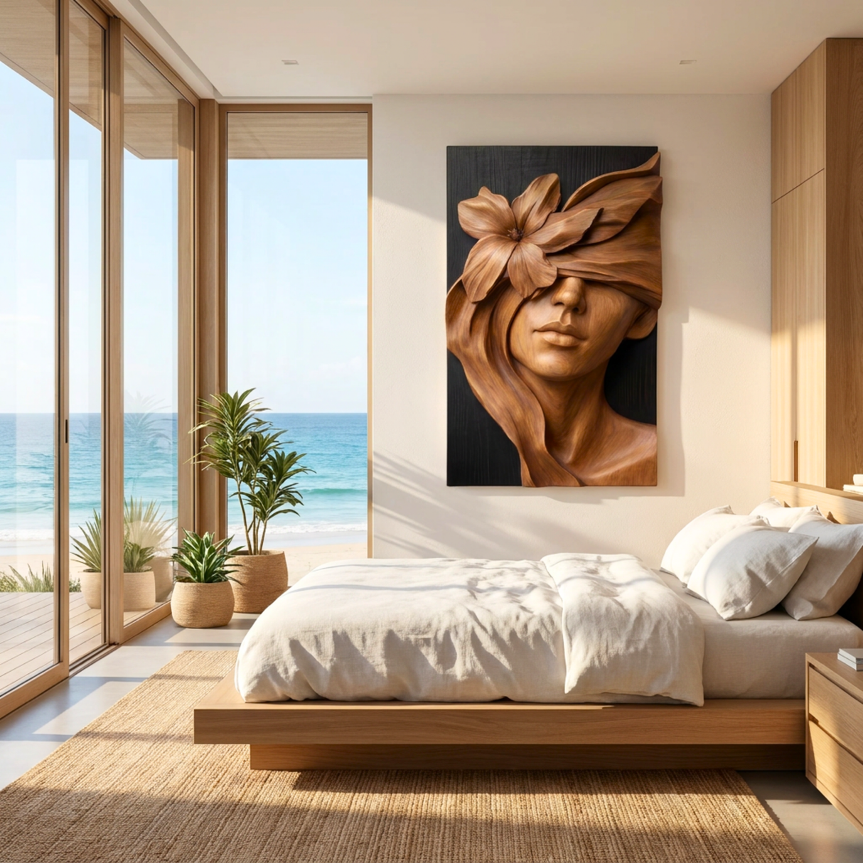 Bloom Veil Wooden Relief Portrait Sculpture Wall Art
