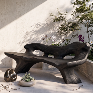 Handcrafted Outdoor Solid Wood Garden Bench with Sculptural Organic Backrest