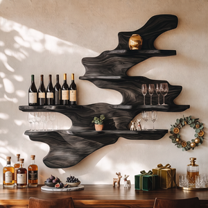 Flowing Wave Solid Wood Wall Wine Rack with Tiered Bottle and Glass Shelves