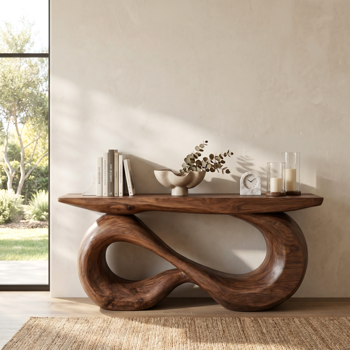 Console Table Solid Wood with Double Infinity Loop Base for Entryway Decor