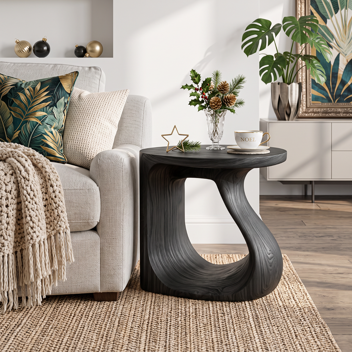 Organic Solid Wood Side Table with Sculptural Open Loop Base