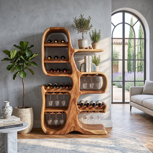 Solid Wood Wine Cabinet with Sculptural Tree Form for Home Bar