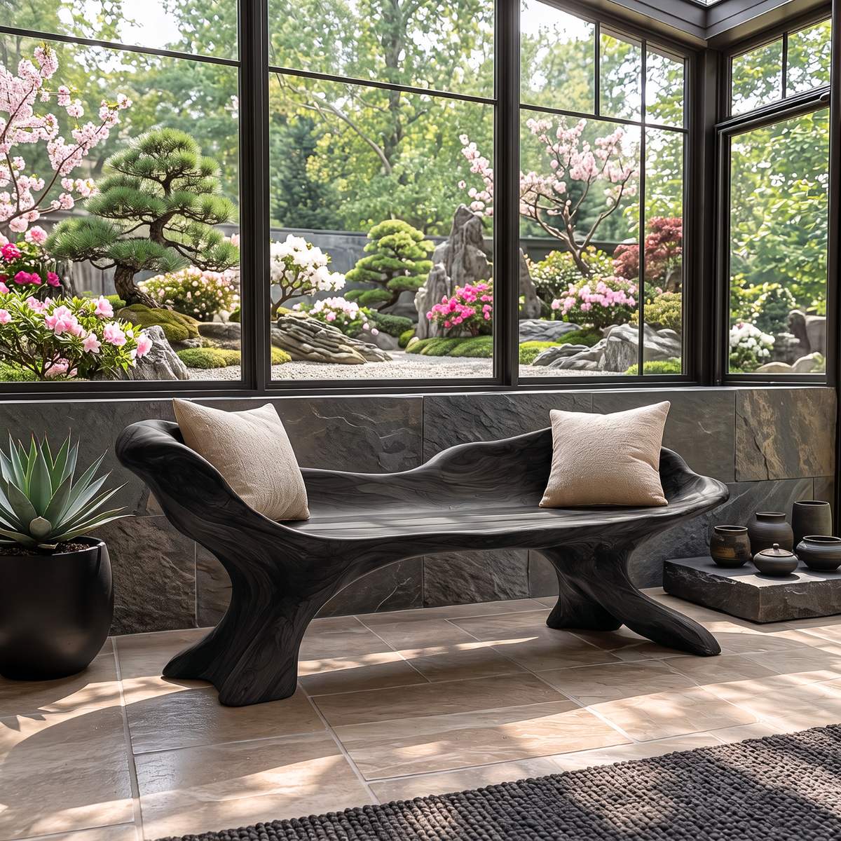 Curved Solid Wood Outdoor Bench with Sculptural Wing Backrest