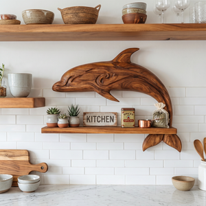 Solid Wood Dolphin Wall Shelf Spice Rack with Long Open Jar Display