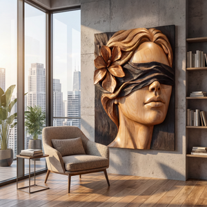 Veiled Contrast Bloom Wooden Relief Portrait Sculpture Wall Art