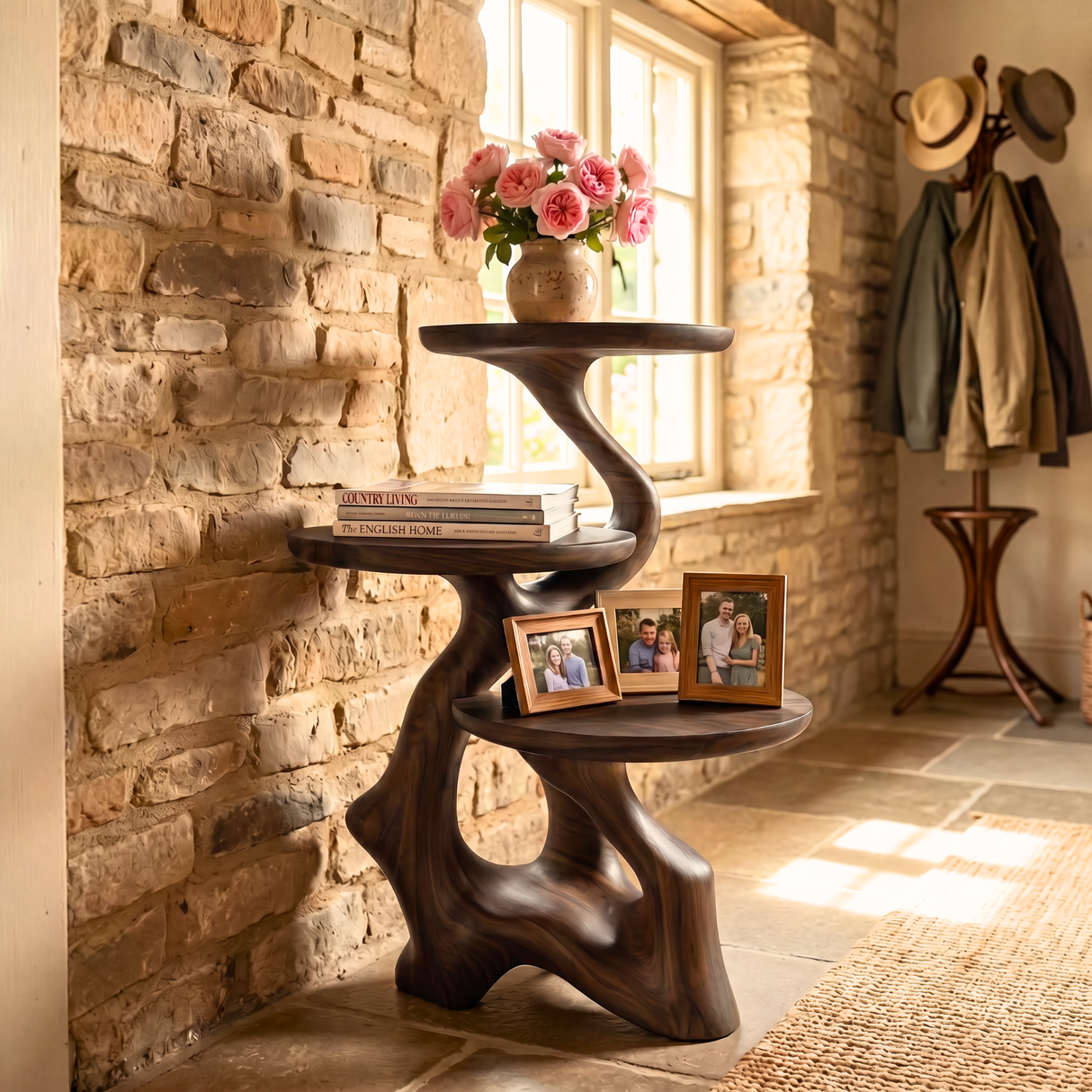 Tree Root Spa Side Table Handmade Wooden Bathroom Accent Shelf