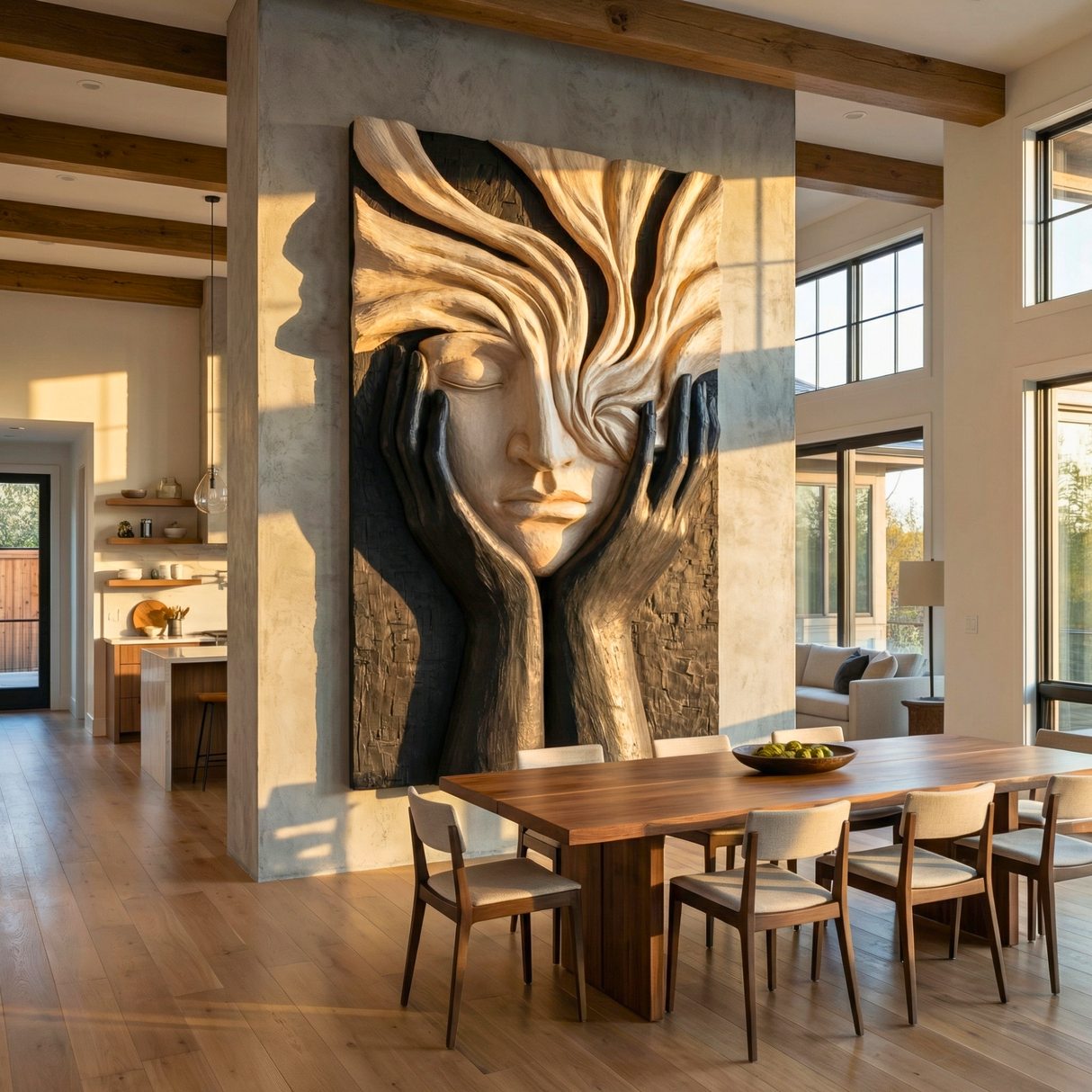 Handcrafted Solid Wood Face Wall Sculpture with Flowing Grain Hair and Black Relief Hands