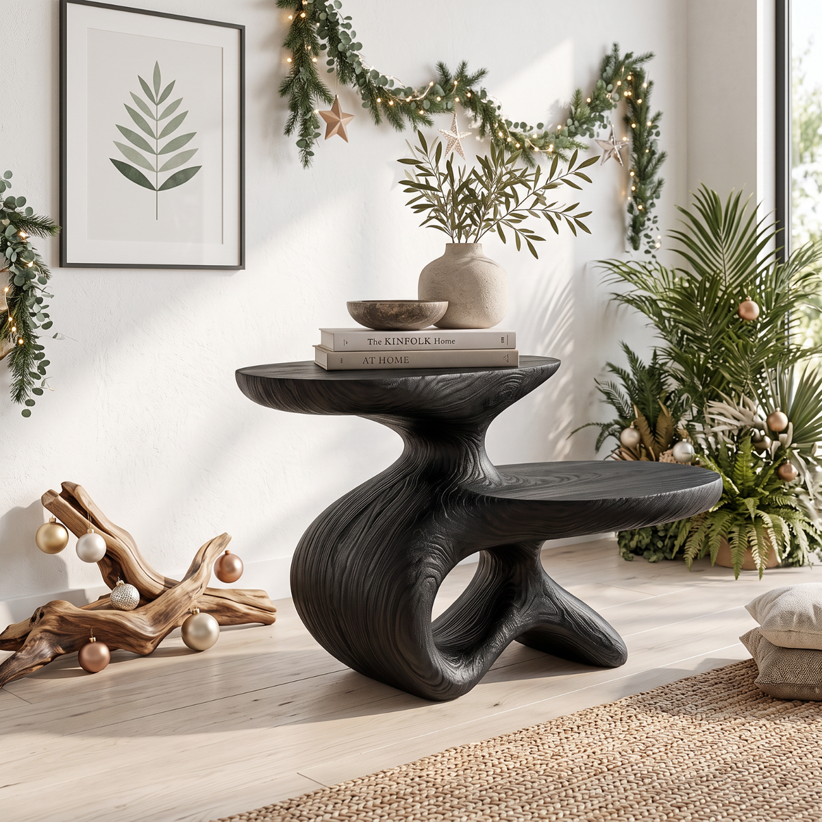 Sculptural Solid Wood Side Table with Two Tier Shelves and Organic Loop Base