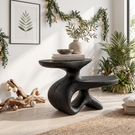 Sculptural Solid Wood Side Table with Two Tier Shelves and Organic Loop Base