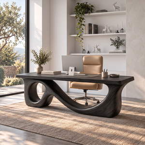 Organic Solid Wood Executive Desk with Sculptural Loop Base
