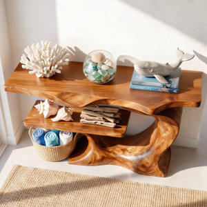 Sculptural Solid Wood Console Table with Open Shelf, Organic Modern Entryway Table