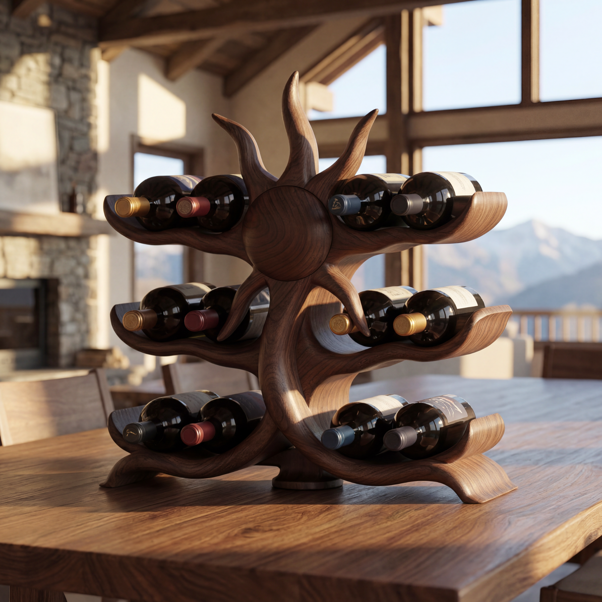 Sunburst Sculptural Solid Wood Wine Rack Bottle Holder Artistic Tabletop Display