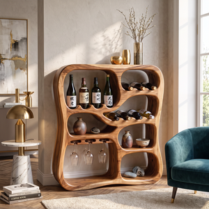 Solid Wood Wine Cabinet with Organic Display Niches and Stemware Rack