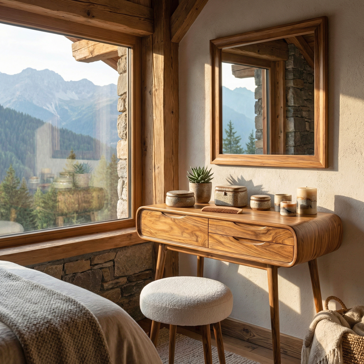 Rounded Solid Wood Vanity Table with Drawers, Modern Dressing Table for Bedroom
