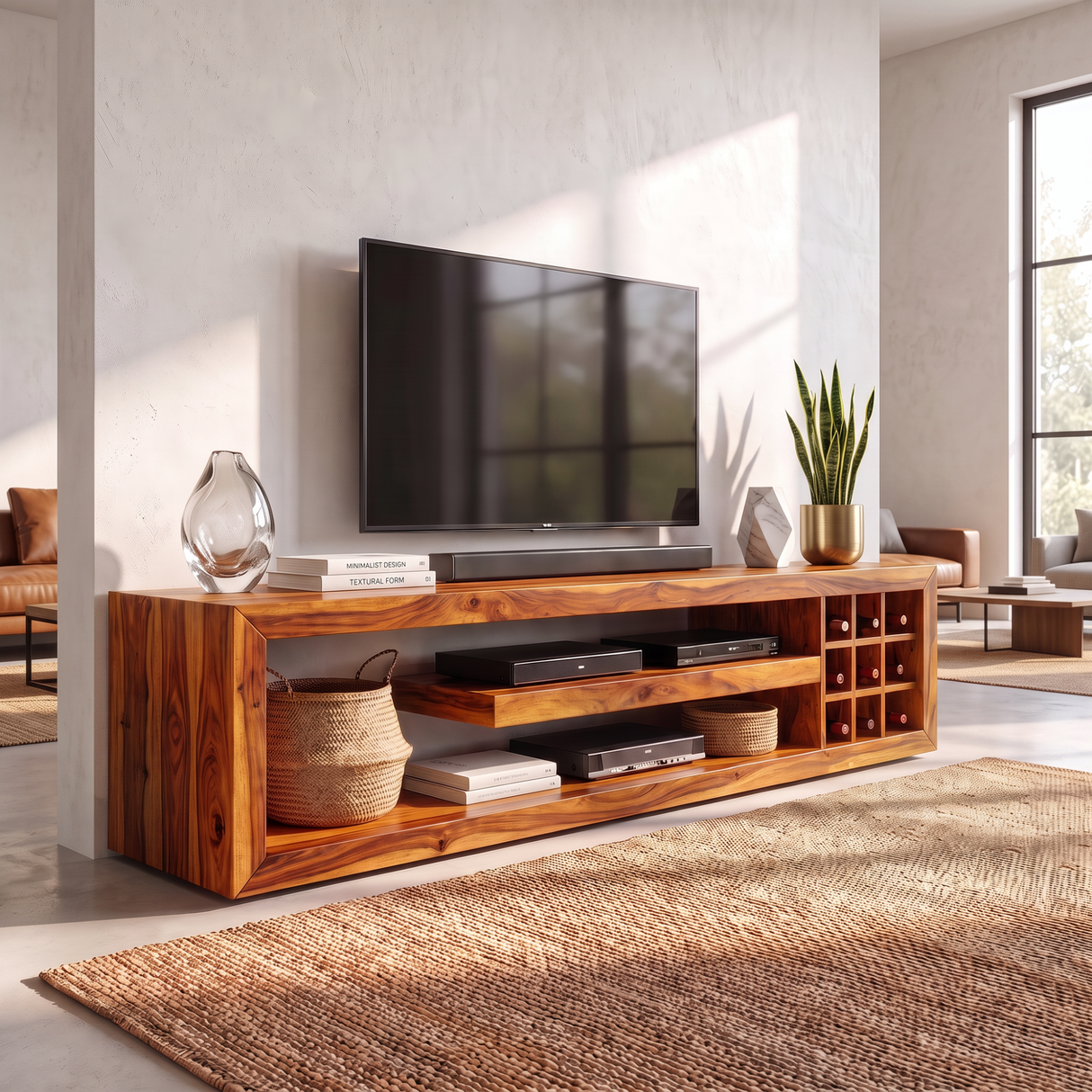 TV Console Solid Wood with Open Media Shelves and Side Cubby Storage for Living Room