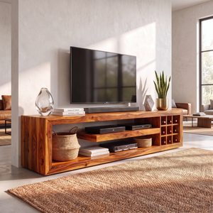 TV Console Solid Wood with Open Media Shelves and Side Cubby Storage for Living Room