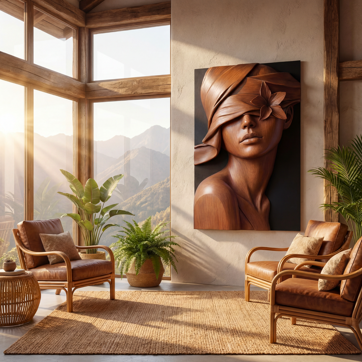 Floral Woman Sculpture Wall Art Solid Wood Handcrafted Decor