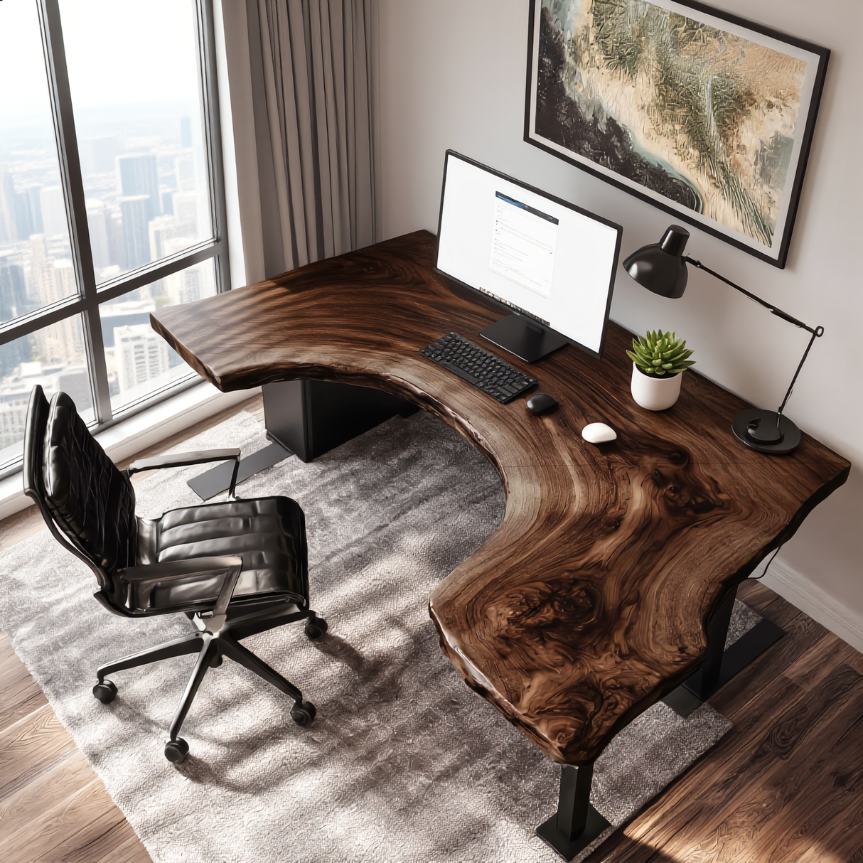 Live Edge Solid Wood Corner Desk with Sculptural Cutout Design