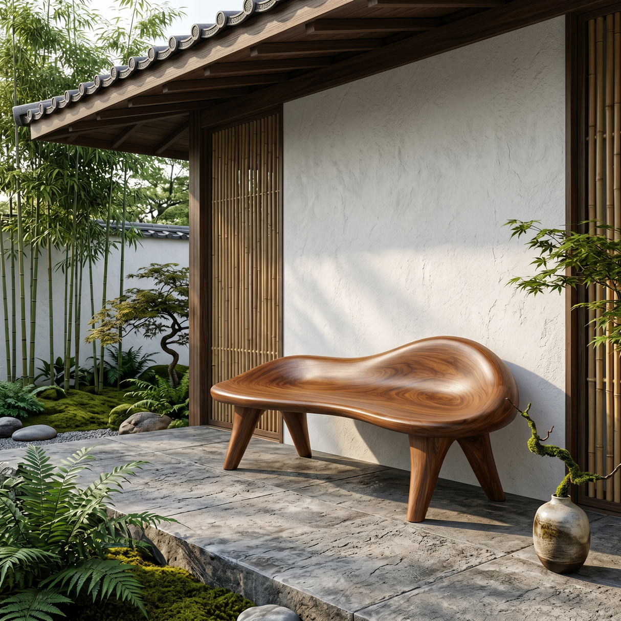 Handcrafted Organic Solid Wood Outdoor Bench with Sculptural Curved Seat