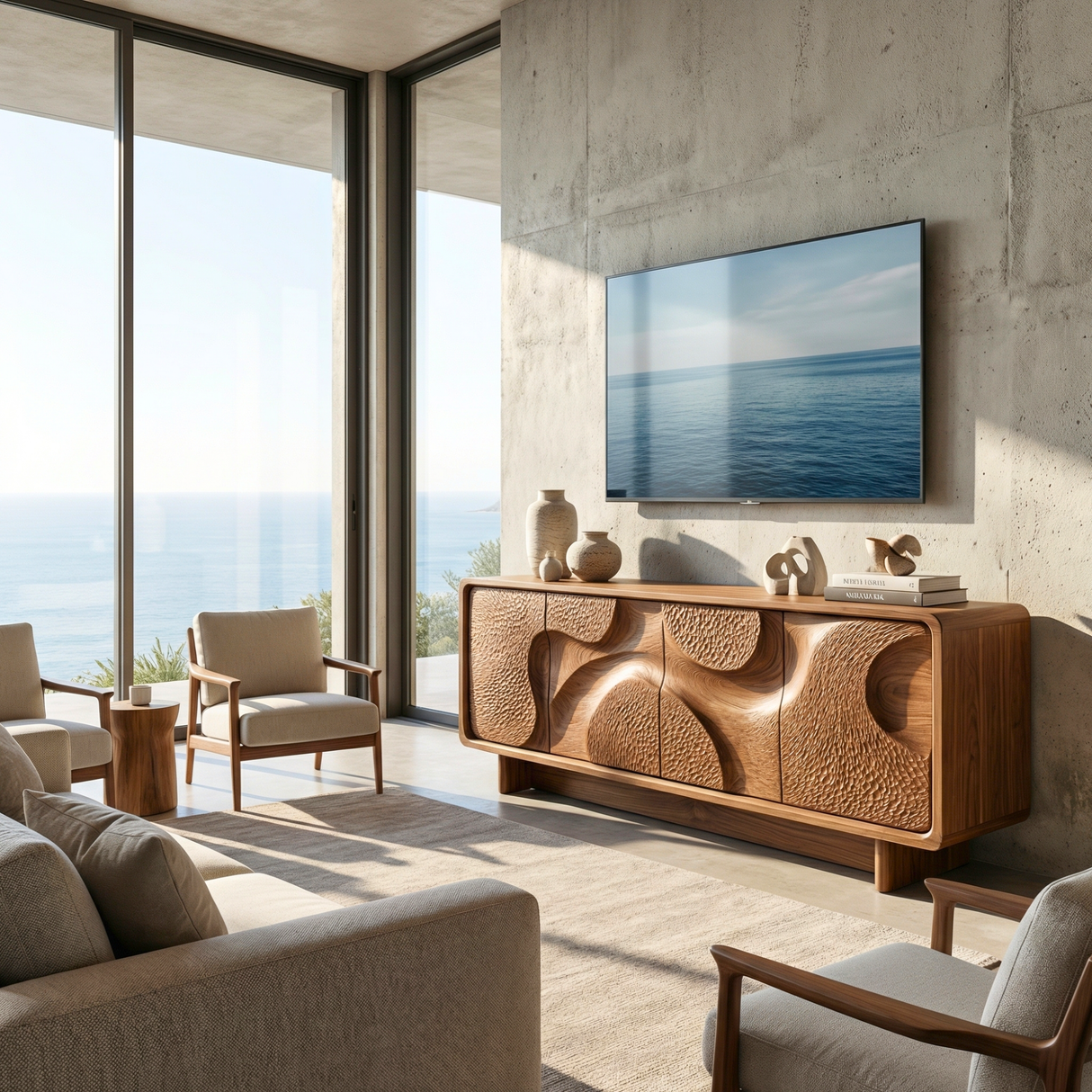 Solid Wood Media Console with Carved Organic Doors